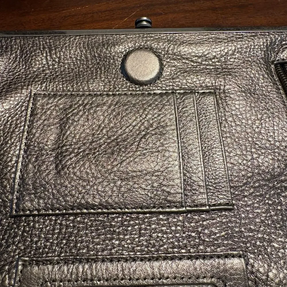 HOBO Lauren Leather Clutch Wallet Pewter Gray Metallic Double Kiss Lock Studded